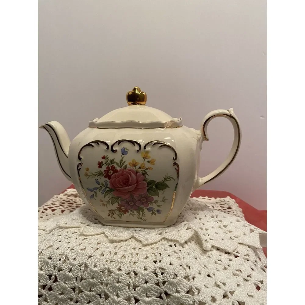 Vintage Sadler England Cube Teapot #2097 Rose Flowers Gold Trim‎